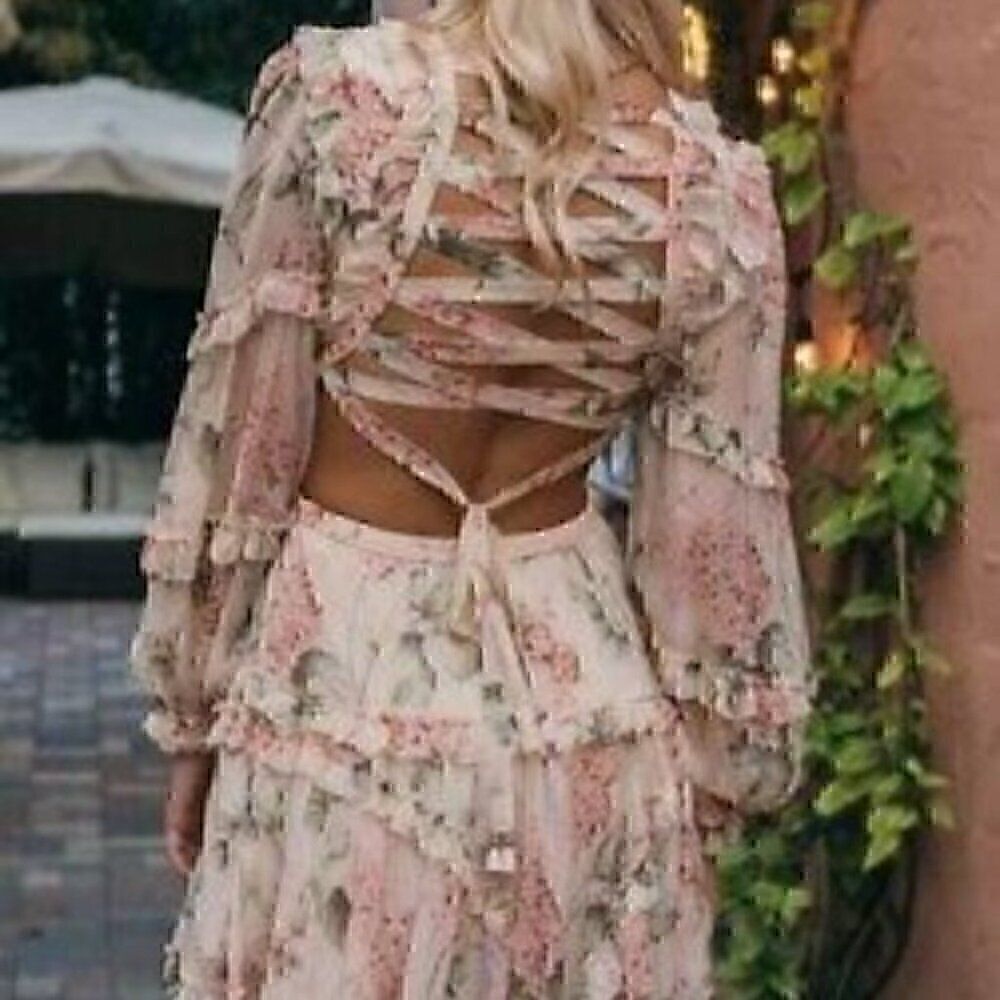 Pink Bohemian Spring Summer Lace up Back Floral Ruffle Backless Mini Dress XXL - Picture 2 of 16